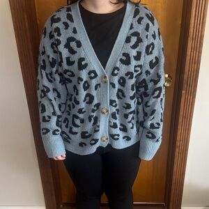 Leopard Print Blue Cardigan Sweater